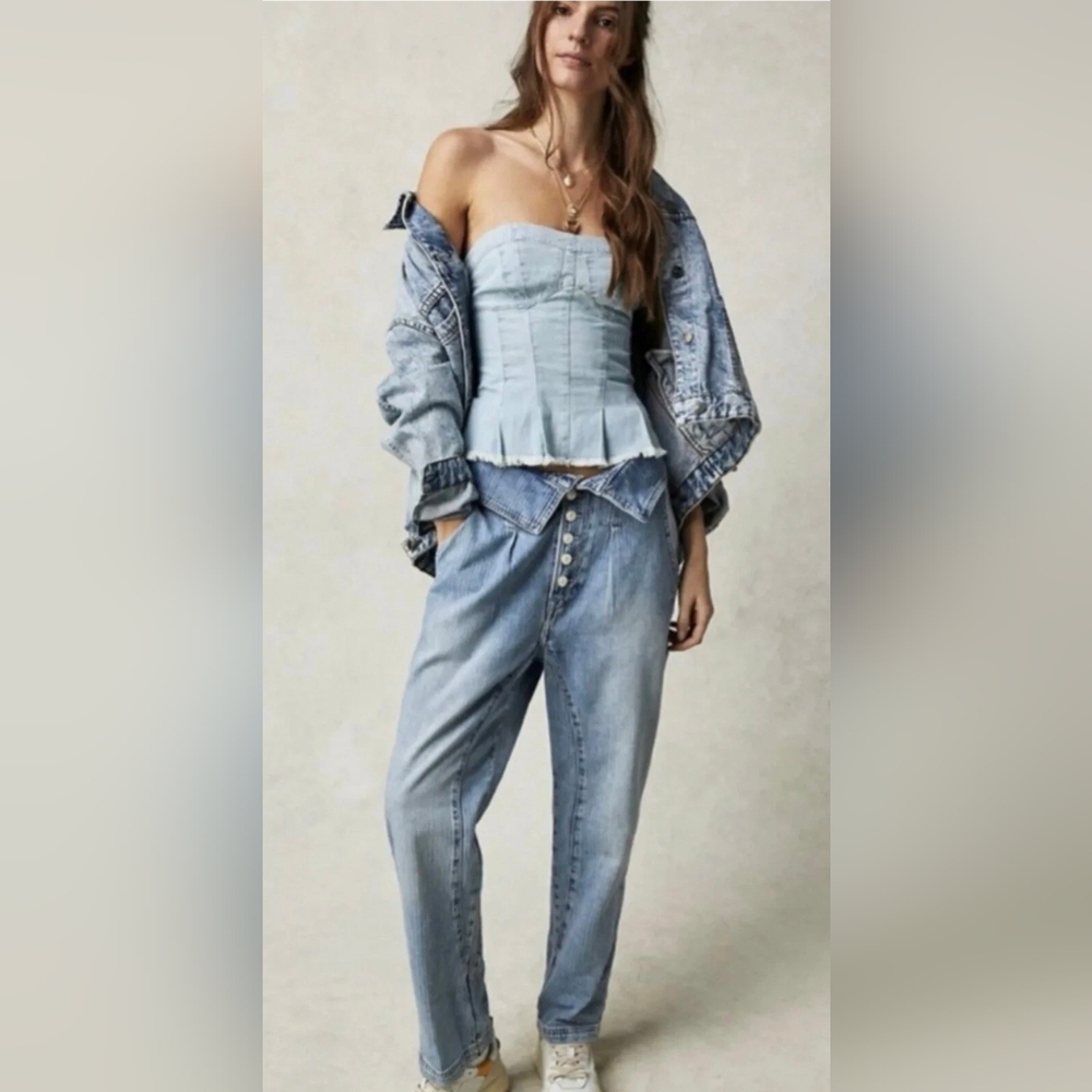 We The Free Noah Foldover Harem Jeans Railroad Stripes Paper Bag